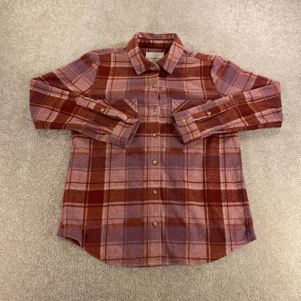 Lucky Brand Button Down Womens Medium Rust Pink Plaid Flannel Stretch Shirt